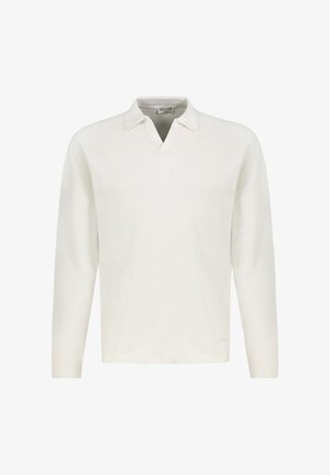 Weißer, langärmeliger Strickpullover mit V-Ausschnitt und Kragen. Strukturiertes Muster und gerippte Bündchen. Dezente Markenkennzeichnung am Saum.