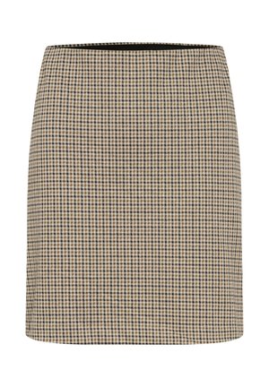 Beige, bruine en zwarte geruite minirok met een rechte snit en een gladde tailleband.