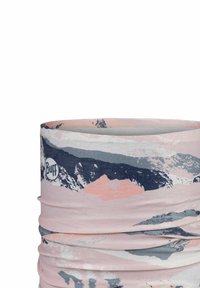 Multifunctionele Buff gemaakt van rekbare stof met een roze en grijs bergpatroon, een logodetail, een zachte textuur en een cilindervorm.