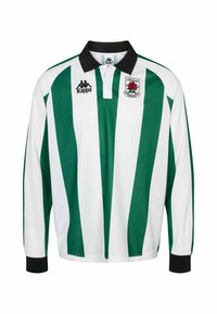 Maillot de rugby à manches longues avec des rayures verticales vertes et blanches, col et poignets noirs, logo Kappa et un emblème de rose rouge sur la poitrine.