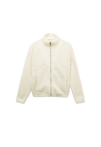 Kermatoivinen fleece-takki, jossa on korkea kaulus, etuvetoketju, kaksi sivutaskua ja karhea pinta. Kiiltävät kankaat olkapäillä.