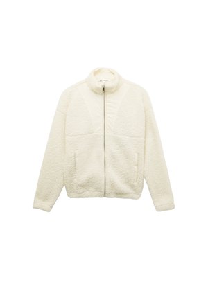 Chaqueta de forro polar color crema con cuello tipo mock, cremallera frontal, dos bolsillos laterales y cuerpo texturizado. Acentos de tela suave en los hombros.