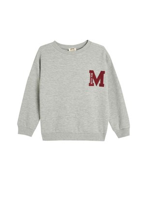 Grey sweatshirt with a round neckline, long sleeves, and a burgundy letter "M" on the chest. Made of soft, medium-weight fabric.