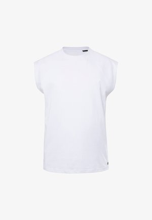 Biała bezrękawnik, wykonana z bawełny, z okrągłym dekoltem i luźnym krojem. Prosty design z minimalnymi detalami szycia.