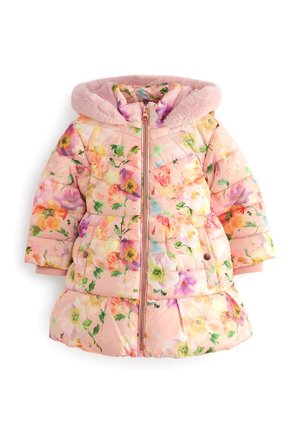Manteau d'hiver rose à motif floral pour tout-petit, avec un motif matelassé, une doublure de capuche en fausse fourrure, une fermeture éclair à l'avant et des poches à boutons-pression.
