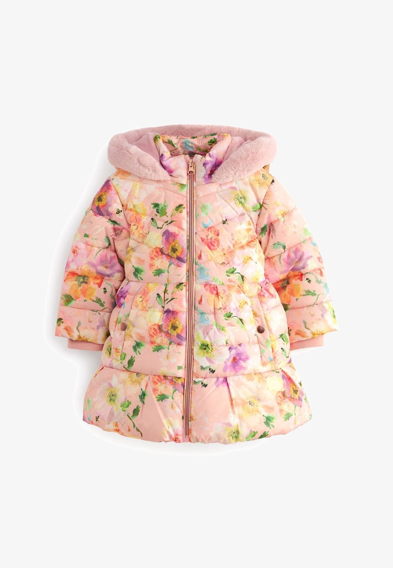 Manteau d'hiver rose à motif floral pour tout-petit, avec un motif matelassé, une doublure de capuche en fausse fourrure, une fermeture éclair à l'avant et des poches à boutons-pression.