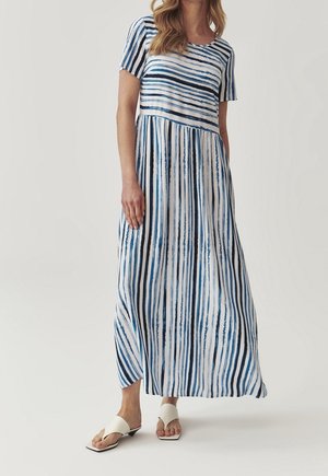 Maxikleid in Blau- Weiß gestreift mit kurzen Ärmeln, weit schwingendem Rock, aus leichtem Stoff, mit Rundhalsausschnitt.