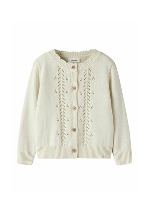 Cardigan tricoté crème avec encolure ronde, fermeture par boutons et motifs verticaux décoratifs en dentelle sur le devant.