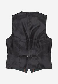 Schwarze Satinweste mit glatter Textur, versehen mit einer Schnalle am Rücken und einem geteilten Saum-Design. Ohne Kragen und Ärmel für ein maßgeschneidertes Erscheinungsbild.