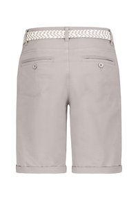 Light gray shorts with a textured woven belt, featuring two back pockets and cuffed hems for a tailored appearance.