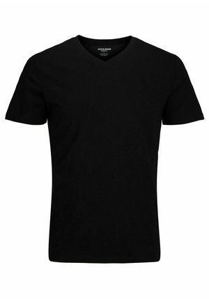T-shirt nera a V con maniche corte, realizzata in cotone. Design semplice, texture liscia e senza motivi o accenti visibili.