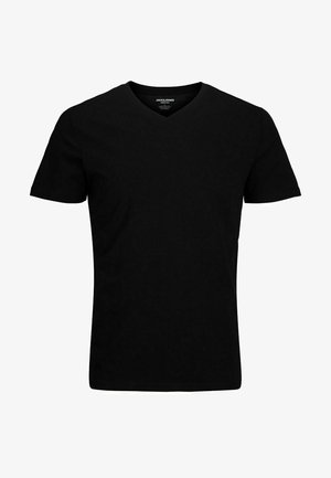 Czarny t-shirt z dekoltem w serek wykonany z bawełny, z krótkimi rękawami. Prosty design, gładka tekstura i brak widocznych wzorów lub akcentów.