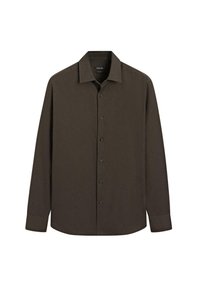Camicia a maniche lunghe marrone scuro realizzata in tessuto liscio. Caratterizzata da un colletto classico, bottoni frontali e un taglio dritto con polsini abbottonati.