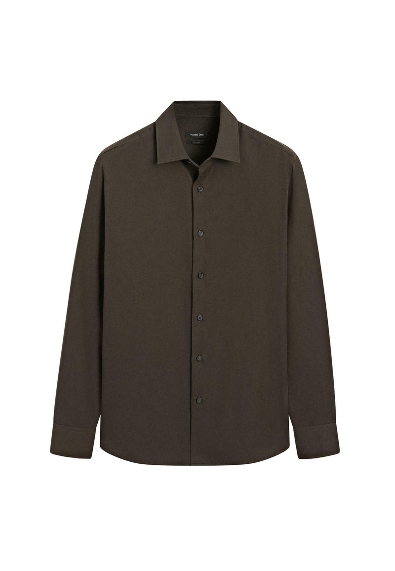 Dark brown long-sleeve shirt made of smooth fabric. Features a classic collar, front buttons, and a straight cut with buttoned cuffs.