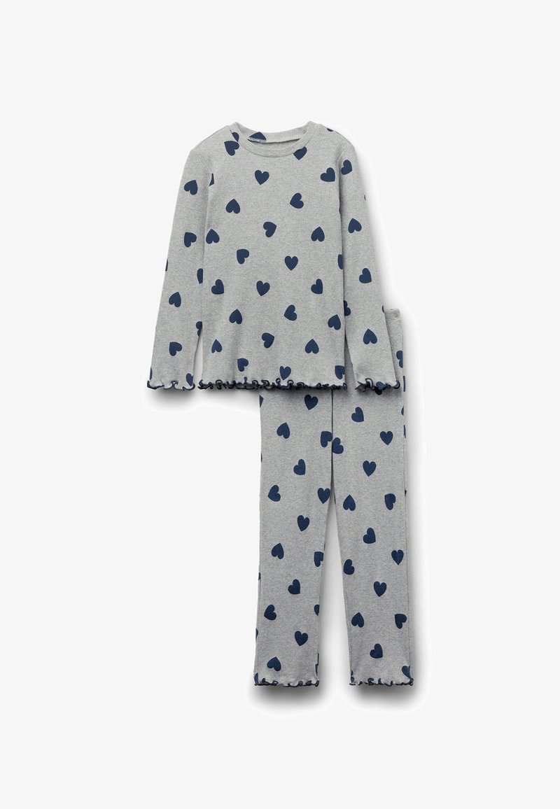 Grey pajama set with navy heart patterns, featuring a long-sleeve top with a ribbed texture and pants with a frilled hem.