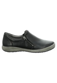 Chaussure en cuir noire à enfiler avec fermeture éclair latérale et semelle en caoutchouc grise, conçue pour un usage décontracté.