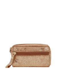 Rose gold zippered pouch in a textured finish, featuring a smooth zipper accent and a side wrist strap for easy carrying.