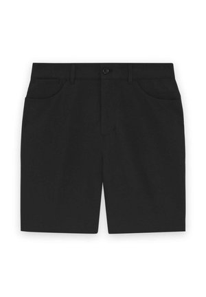 Shorts noirs pour hommes avec fermeture à bouton, passants pour ceinture et poches avant, présentés sur un fond blanc.