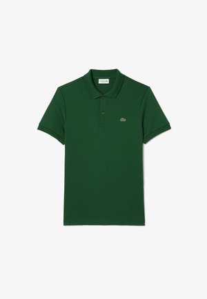 Green polo shirt made of cotton, featuring a classic collar, short sleeves, three-button placket, and a small logo on the left chest.