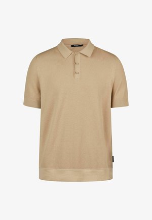 Beige short-sleeve polo shirt gemaakt van een textuurstof, met een kraag, drieknops sluiting en een geribde zoom.