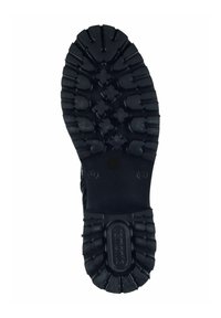 Semelle de chaussure en caoutchouc noir avec des motifs de semelle profonds, présentant un design modérément surélevé, une texture durable et un talon arrondi.