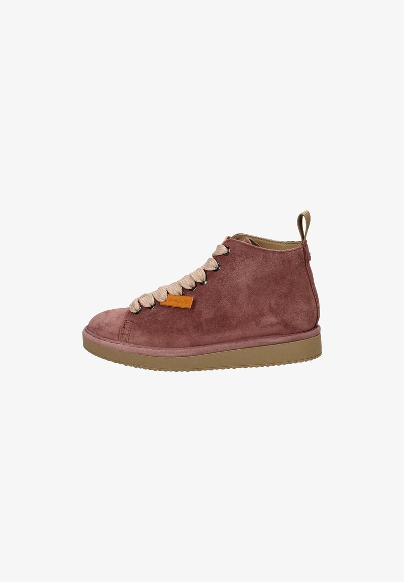 Sneaker mid-top in morbido suede color mauve con lacci beige, suola in gomma e linguetta sul retro. Presenta un'etichetta logo laterale.