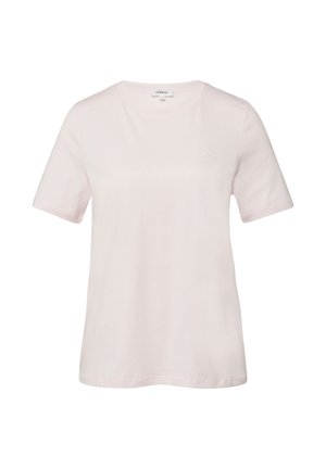 T-shirt léger rose pâle pour femmes à manches courtes, col rond, avec un petit logo brodé sur la poitrine gauche.