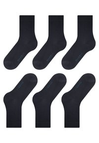 Sex par mörkblå strumpor med slät textur, standardlängd och subtil branding i blått på sidan.