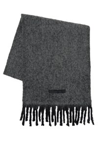 Sötétszürke, texturált gyapjú sál fröccsöntött végekkel és egy kis fekete címkével az alján.