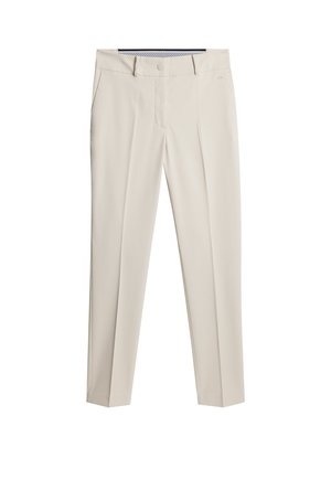 Beige maßgeschneiderte Hosen mit glatter текстur, vorn mit Falten, einem Knopfverschluss und einem dezenten navyfarbenen Muster am Taillenbund.