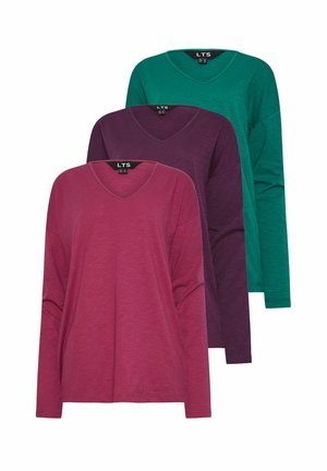 Three long-sleeve V-neck shirts in shades of burgundy, purple, and green, displaying a soft texture and relaxed fit.