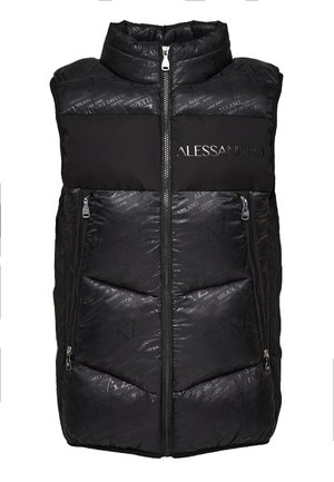 Schwarweste mit Polsterung, hohem Kragen, Front-Reißverschluss und Taschen. Strukturierter Stoff mit dem deutlich sichtbaren Markennamen "Alessandro".