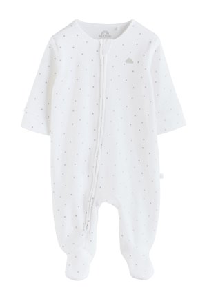 Fehér babagéz hosszú ujjakkal és lábakkal, apró szürke csillagminta, elöl cipzárral, és kis felhő motívummal a mellkasán.