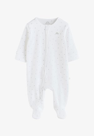 Bela otroška pajkica z dolgimi rokavi in pokritimi nogicami, z majhnim sivim vzorcem zvezdic, spredaj z zadrgo in majhnim dizajnom oblaka na prsih.