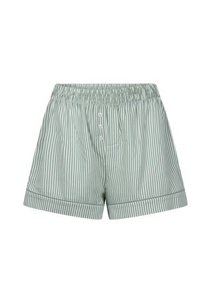 Green and white striped shorts with an elastic waistband, three button placket, and folded cuffs. Made of soft fabric with a lightweight texture.