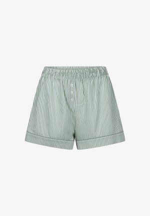 Green and white striped shorts with an elastic waistband, three button placket, and folded cuffs. Made of soft fabric with a lightweight texture.