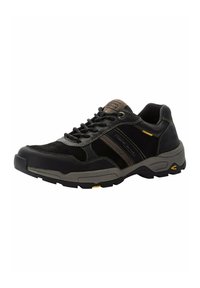 Black hiking shoe with gray accents, suede and synthetic upper, textured sole, and contrasting brown stripe. Lace-up design for secure fit.