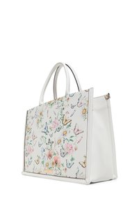 Borsa tote bianca con stampa floreale e di farfalle, realizzata in materiale sintetico. La borsa ha due manici e una forma strutturata.