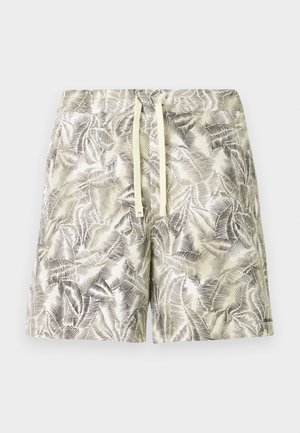 Herresvømshorts i lysegul med et sort bladmønster. Har snøre i taljen og blødt, let stof.