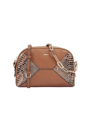 Sac en cuir marron avec des accents imitation serpent, quincaillerie dorée et une forme structurée. Dispose d'une bandoulière amovible et d'une fermeture éclair.