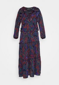 Långärmad, lager-på-lager maxiklänning med ett flerfärgat paisley-mönster på en mörk bakgrund; volangkrage och manschetter.