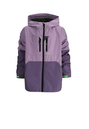 Fioletowa i lawendowa wodoodporna kurtka z kapturem, czarnym zamkiem błyskawicznym, dwoma pionowymi kieszeniami na piersi oraz zielonymi akcentami na mankietach i logo.