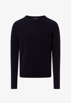 Pull bleu marine à manches longues avec un col rond et un motif en maille texturée. Dispose de poignets et d'un ourlet côtelés.