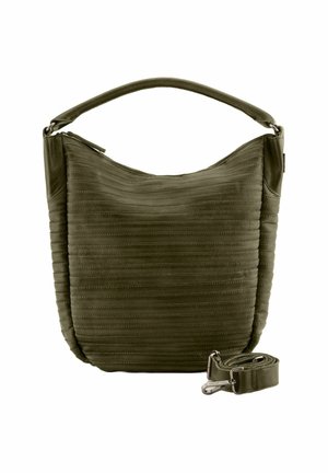 Sac en cuir vert olive avec un design texturé et nervuré, doté d'une poignée supérieure et d'une sangle ajustable. Fermeture zippée avec des accents métalliques.