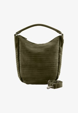 Sac en cuir vert olive avec un design texturé et nervuré, doté d'une poignée supérieure et d'une sangle ajustable. Fermeture zippée avec des accents métalliques.