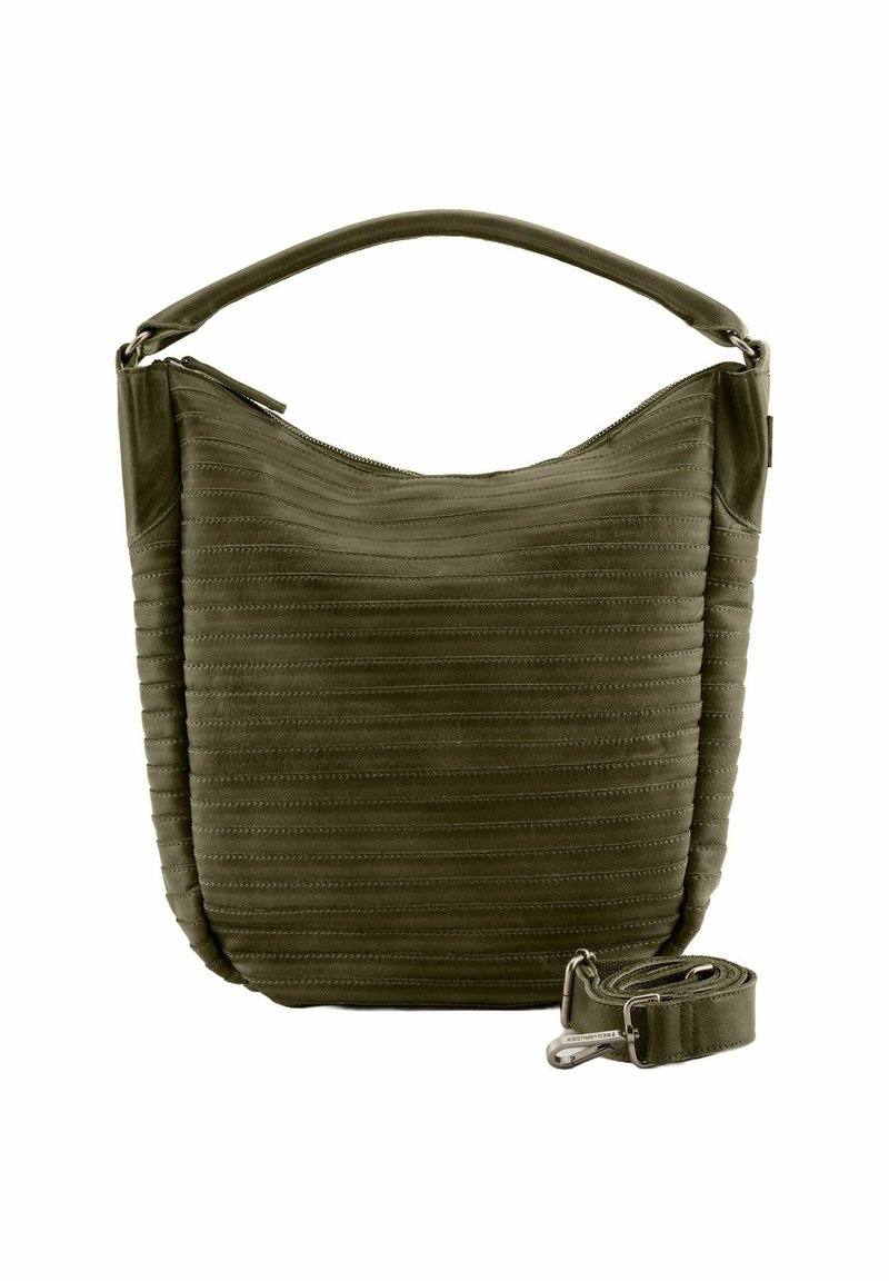 Sac en cuir vert olive avec un design texturé et nervuré, doté d'une poignée supérieure et d'une sangle ajustable. Fermeture zippée avec des accents métalliques.