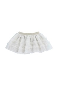 Jupe tutu blanche pour tout-petit avec ceinture élastique pailletée et tissu en tulle superposé et froncé parsemé de subtils éclats.