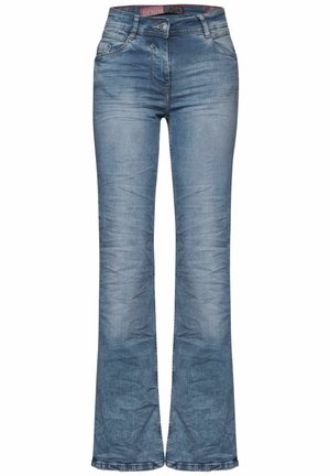 Jasnoniebieskie jeansy z denimu z wysokim stanem, zapięciem na guzik i zamek, przednimi kieszeniami i lekko rozszerzanymi nogawkami.