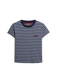 Camiseta de manga corta a rayas en azul marino y blanco con cuello redondo y un pequeño logo rojo en el lado izquierdo. Hecha de tela suave.