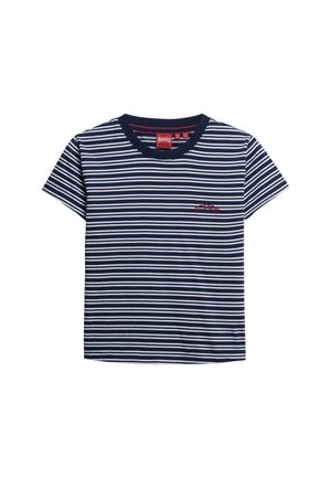 Marineblauwe en witte gestreepte T-shirt met korte mouwen en een ronde halslijn, met een klein rood logo aan de linkerkant. Gemaakt van soepele stof.